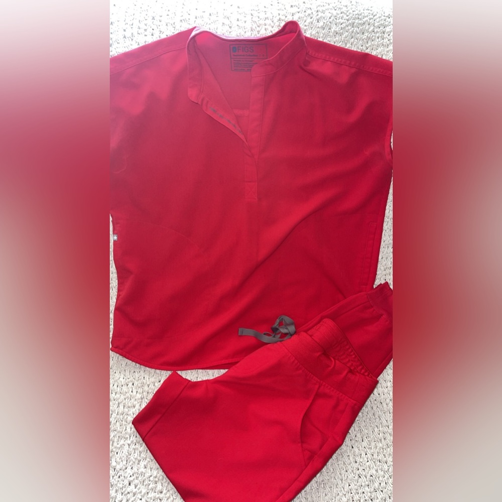 Women’s FIGS scrubs in bright red